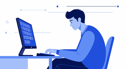Illustration of a man working on a computer with binary code displayed on the screen
