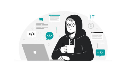 Illustration of a Programmer Working on Laptop and Drinking Coffee, Coding Concept