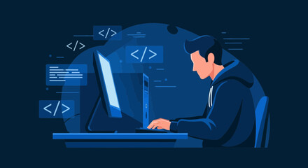 Illustrative Scene of Programmer Creating Code on Desktop Computer at Nightime, Working Hard