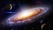 © Frengki - A cosmic scene showcasing a luminous spiral galaxy with swirling arms, planets, a ringed planet, and celestial bodies against a dark backdrop