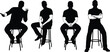 © Creative Art - Silhouette people sitting on stools, body language poses, black and white vector illustration, minimal design, nonverbal communication concept art