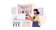 © Muhammad - Woman organizing jars in a kitchen cabinet for a lifestyle illustration and storage concept
