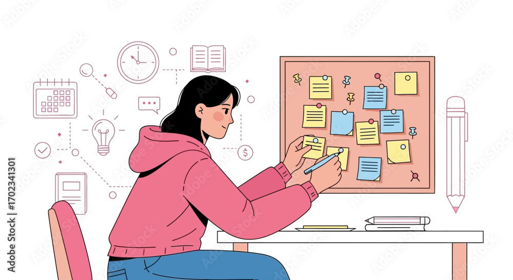 Woman Planning with Sticky Notes and Tasks on Bulletin Board in ...