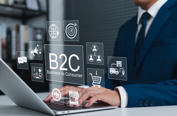 Wall Mural - b2c marketing and e-commerce concept. business to consumer, businessman using laptop, icons for onli