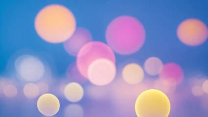An abstract bokeh scene with glowing circles of light in peach, fuchsia, and soft whites scattered across a deep blue backdrop, creating a dreamy, tranquil, and impressionistic mood.
