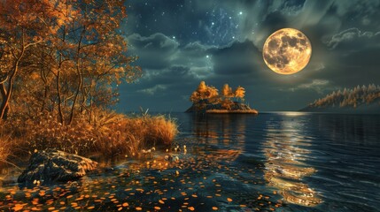 Minimalist Lake Illustration: Bright Moon, Moonlight & Reeds for Business/Festival Wallpaper