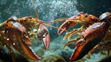 Two lobsters in a tank, engaging in a close-up underwater struggle.  Water bubbles and splashes surround the crustaceans