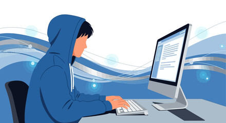 Coding Enthusiast Working On Desktop Computer At Modern Workplace Setting, Illustrative Art