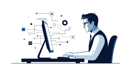 Computing Professional Engaged in Data Analysis on Screen With Digital Connection.