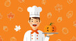 © RATNA - Chef Holding Pumpkin On A Tray With Autumnal Background Artwork Illustration