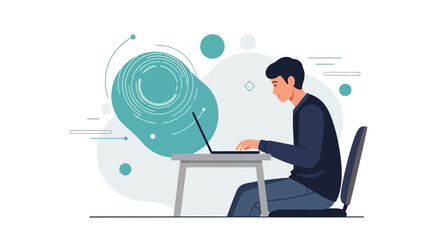Focused Man Working On A Laptop At A Desk With Modern Digital Abstract Elements.