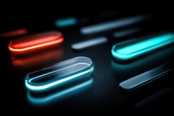 futuristic glowing neon buttons in red and blue on a dark surface, symbolizing digital technology, user interface design, cyber aesthetics, virtual interaction, and modern abstract background