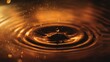 © Cyqueen - Macro of dark beverage droplet striking still surface, perfect ripple and crown formation, warm golden backlight