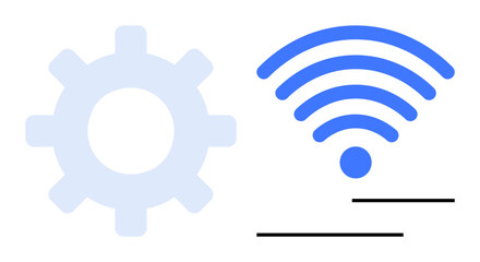 Gear icon paired with wireless signal indicating technology, mechanics, or connectivity. Ideal for automation, networking, innovation, digital processes, development remote work tech. Flat simple