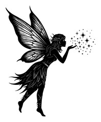 Wall Mural - fantasy fairy blowing sparkles from her hand black and white outline line art drawing illustration