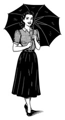 Wall Mural - pinup vintage woman standing with umbrella smiling expression black and white outline line art drawi