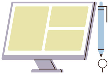 Desktop monitor with yellow blocks symbolizing content layout and a digital stylus. Ideal for technology, design, creativity, productivity, analysis, innovation, and education. Simple flat metaphor