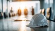 © Generative AI - Construction Safety Meeting: Hard Hat on Conference Table with Blurred Team Discussing Project