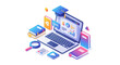 © Rizal - Isometric illustration of online learning and digital education with laptop and books.