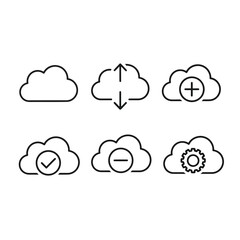 Vector illustration of a set of six black outline cloud icons, each representing a different cloud computing function like upload, download, add, check, minus, and settings