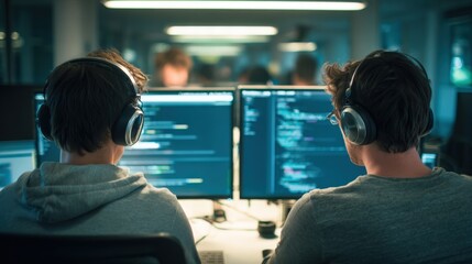 Two Software Developers Coding on Computers with Headphones in a Modern Office Environment