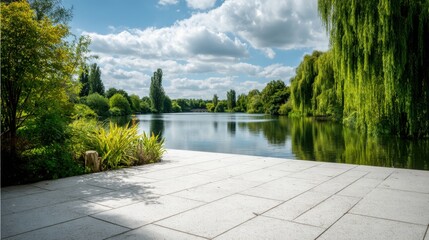 Wall Mural - Scenic Lake View with Lush Greenery and Calm Water, Ideal for Peaceful Outdoor Activities