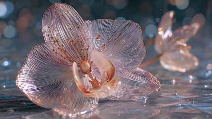Shimmering light reflection orchid water macro botanical elegance 4k AI generated video. Detailed closeup crystal orchid floral petal macro bloom 4k AI generated video.
