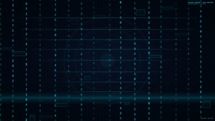Abstract Digital Data Stream with Numbers and Geometric Shapes on Dark Background