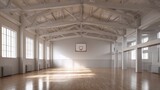 Spacious and Bright Empty Gymnasium with Hardwood Floor, Large Windows, and White Ceiling Beams for Athletic Activities