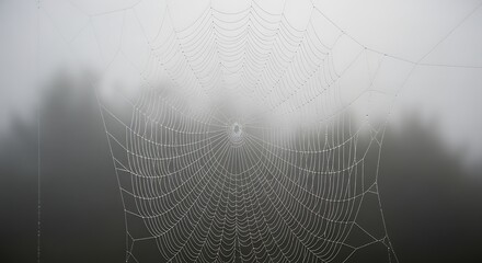 Delicate spiderweb glistening with morning dew, shrouded in subtle mist