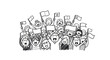 © Leo - Cheerful Crowd Waving Flags and Holding Signs in a Hand-Drawn Style Illustration.