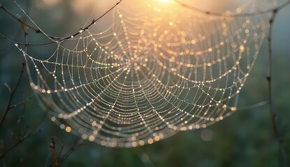 Sparkling dew drops on intricate spider web shimmer in warm golden sunrise light