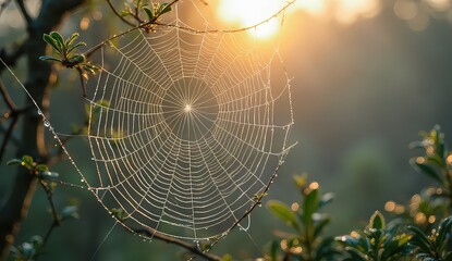 Dew-kissed spiderweb glistens in warm sunrise light, nature's delicate trap in morning glow