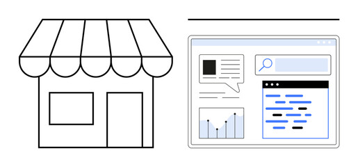 Small store icon beside data dashboard with graphs, text bubbles, search bar. Ideal for marketing, digital transformation, data analysis, business insights, online tools, entrepreneurship simple
