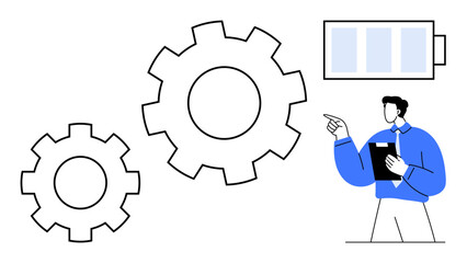 Wall Mural - Professional reviewing large gears and battery icon to analyze energy efficiency, workflow, and productivity. Ideal for engineering, energy management, innovation, technology, process optimization