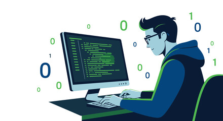 Programmer Working on Software Code With Binary Numbers Floating Around on Screen
