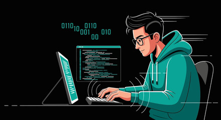 Programmer Coding Seamlessly With Code On Tablet, Binary, And Digital Interface