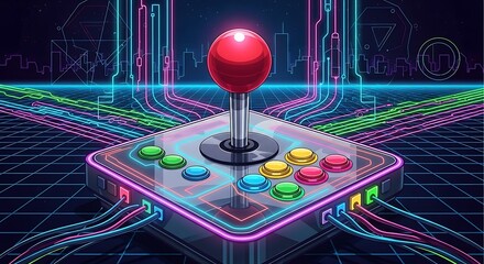 Vibrant neon arcade joystick and buttons with glowing circuit lines, representing retro gaming technology and digital entertainment.