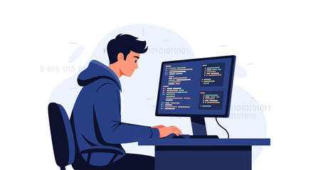 Young Man Coding Software on Desktop Computer, Modern Technology Concept