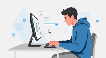 Young Man Engaged In Digital Workspace Activity With Desktop Computer, Blue Theme