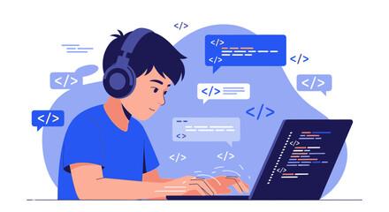 Young Programmer Concentrates On Writing Code While Wearing Headphones And Coding