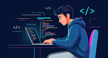 Young Programmer Working Diligently On Code While Writing Software On His Computer
