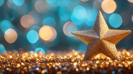 Golden sparkling star decoration on a glittery surface with blurred bokeh lights, festive and magical holiday background