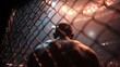 © Oleh - Sweaty mixed martial arts fighter entering the octagon cage, showcasing determination and strength. Rear view reveals tension and adrenaline as he prepares for the intense competition ahead