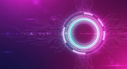 Futuristic glowing neon circle with abstract digital circuit board pattern and bokeh effect
