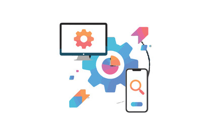 Digital Technology and Data Analysis Concept with Computer and Phone Keywords: technology, digital, computer, monitor, screen, smartphone, phone, mobile, gear, cogwheel, data
