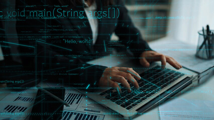 A programmer focuses intently on coding in a modern office setting, with an overlay of code and data visualizations representing technology and innovation. Xenic