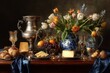 © Анжела Макеенко - Dutch Golden Age Still Life with Tulips, Bread, Cheese, and Silverware