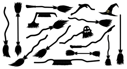 set of various witch brooms silhouette vector illustration. halloween broomsticks set. broom vector