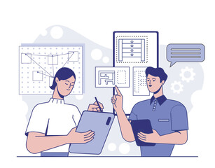 Two professionals collaborating with tablets and digital tools, modern flat style, light abstract background, concept of teamwork and workflow planning. Vector illustration